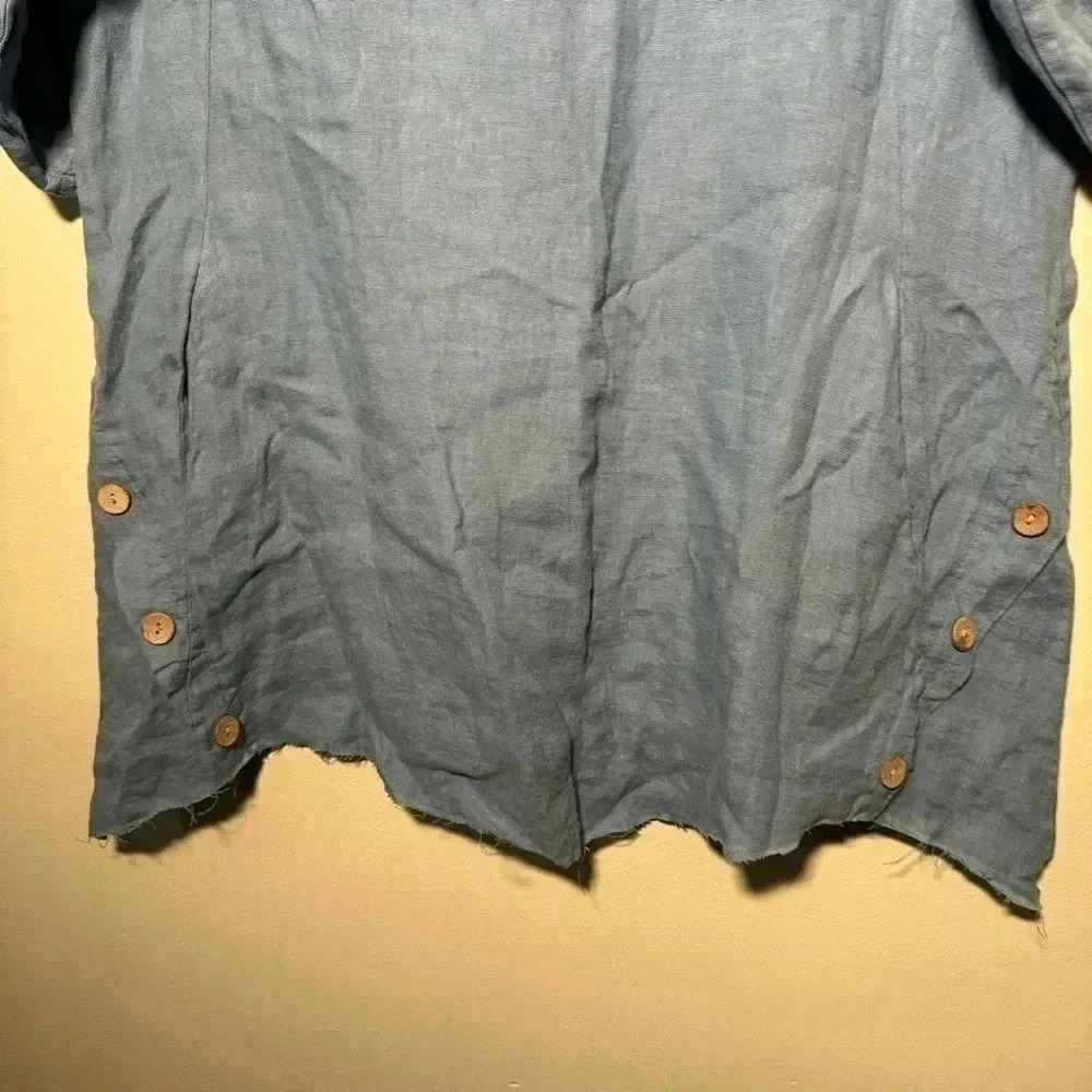 Italian linen boho artsy ocean blue boho dress with wooden buttons S - Picture 5 of 6